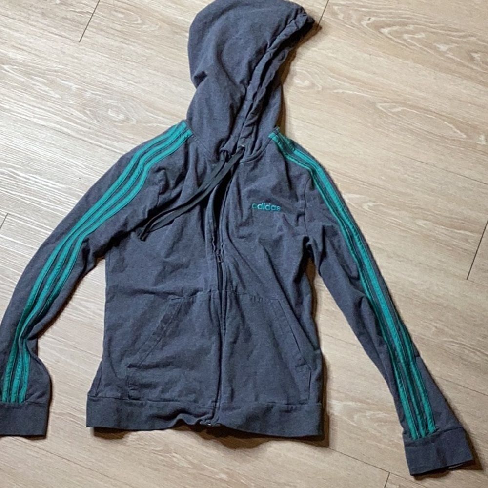Adidas Women Medium Gray Turquoise Full Zip Hoodie Sweat Jacket M